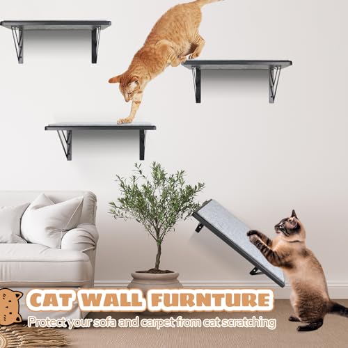 Cat Wall Shelves Set of 2, Wood Cat Shelves for Wall, Cat Wall Bed Hammock with Scratching Pad, Cat Climbing Shelf for Sleeping Playing, Cat Window Perch for Large Cats, Black Cat Furniture for Indoor