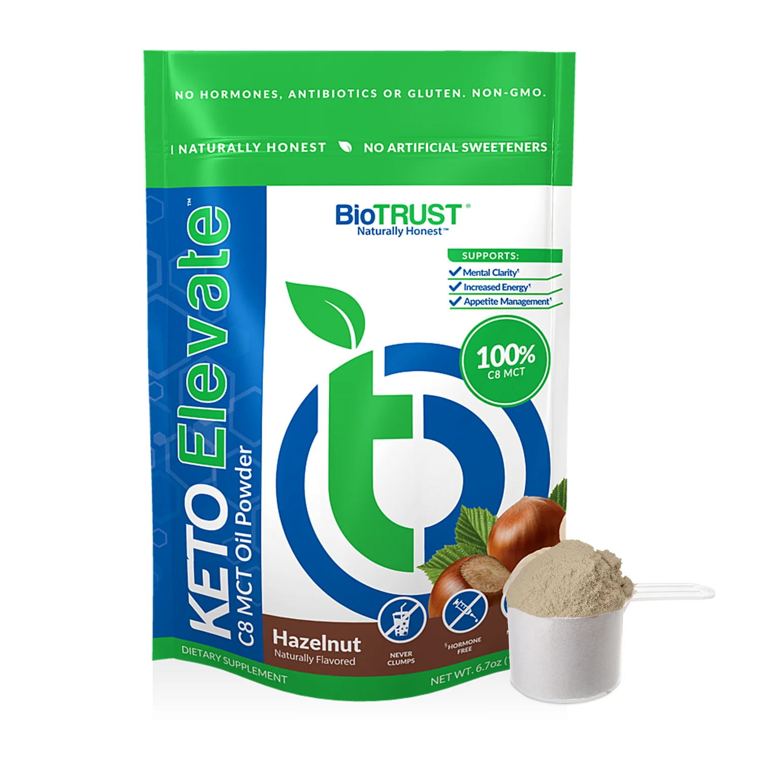 BioTrust Keto Elevate – Pure C8 MCT Oil Powder – Ketogenic Diet Supplement & Paleo Coffee Creamer for Clean Energy, Mental Focus, and Clarity – Non-GMO 100% Caprylic Acid (Hazelnut, 20 Servings)