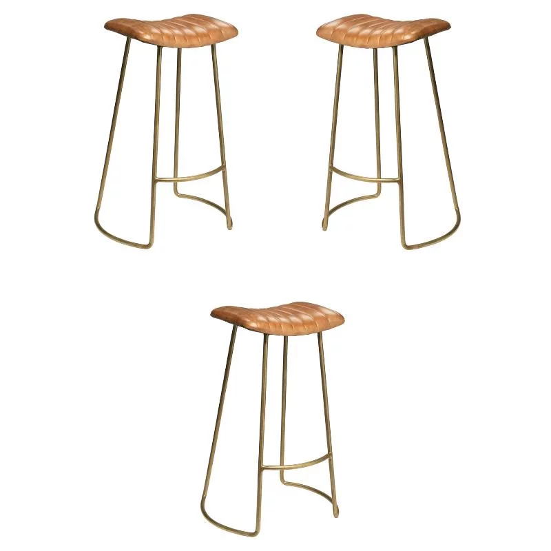 Home Square Leather and Iron Bar Stool in Brown and Gold - Set of 3