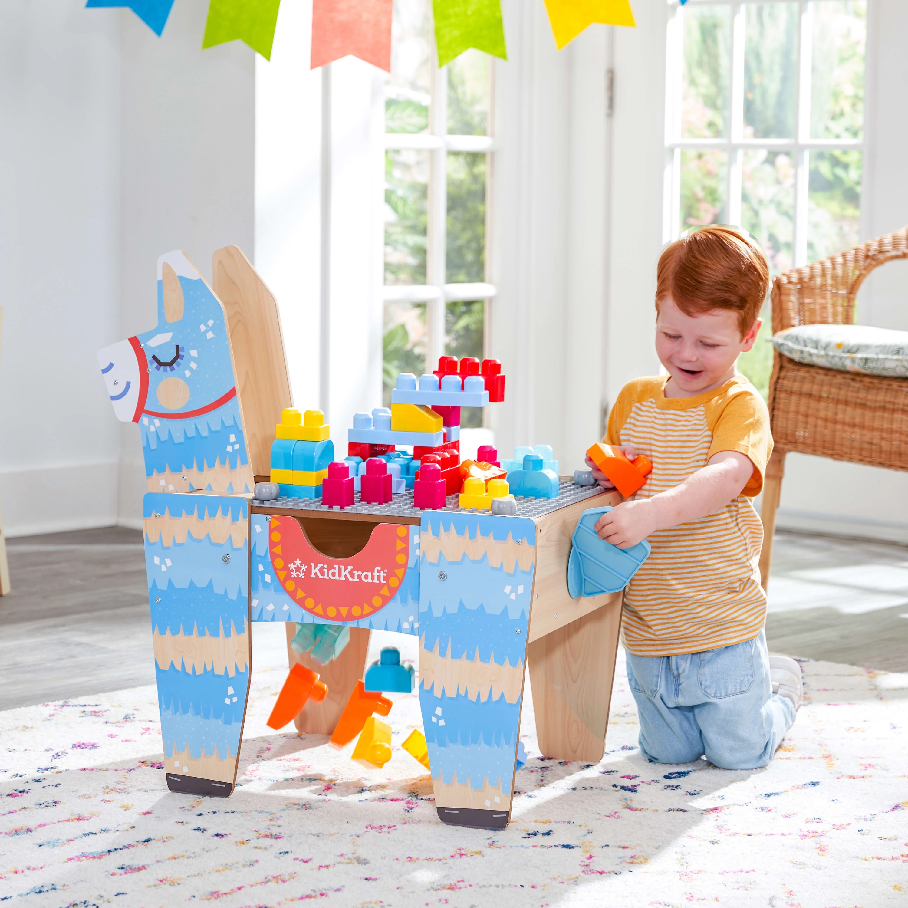 KidKraft Llama Pinata Building Bricks Wooden Table with 50 Blocks, for Ages 2+ Years