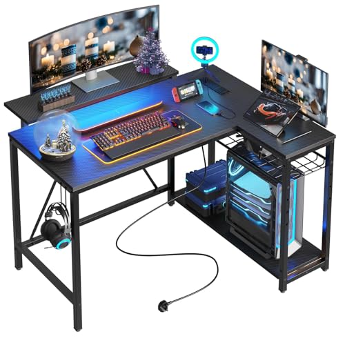 Bestier Pink Computer Desk with Power Outlets,42 LED Small Gaming Corner Desk with Reversible Storage Shelves,L Shaped Desk with Headset Hooks Studying and Workstation Desk for Office and Bedroom