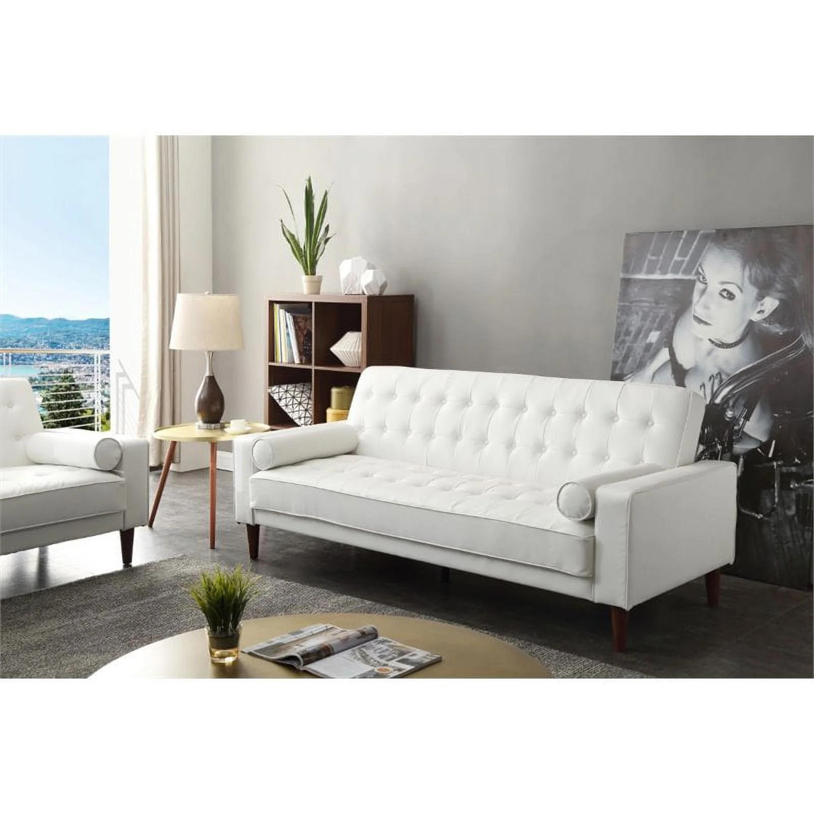 Maklaine Contemporary Faux Leather Sleeper Sofa in White Finish