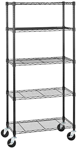 Amazon Basics 5-Shelf Adjustable, Heavy Duty Storage Shelving Unit on 4'' Wheel Casters, Metal Organizer Wire Rack, 30