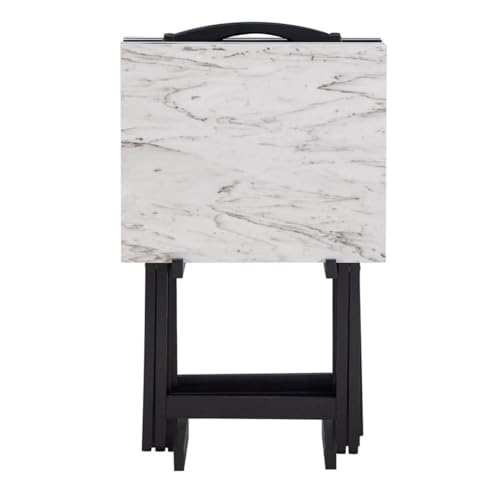 Pemberly Row 5 Piece Wood Folding Faux Marble Table Tray Set in Brown