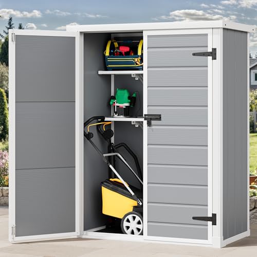 DWVO 5x3ft Resin Outdoor Storage Shed with Floor, Waterproof Lockable Storage Shed with Window, Plastic Outside Tool Storage for Garden, Backyard, Patio, Lawn, Gray