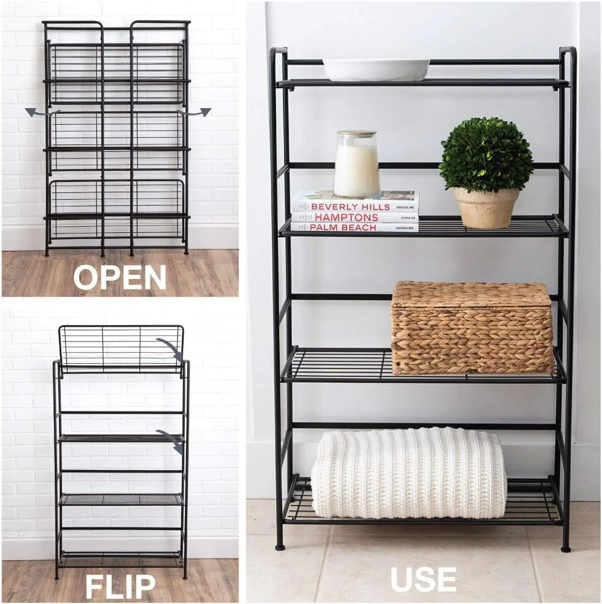 Folding Metal Bookcase-Small Space -No Assembly-Home, Kitchen, Bathroom And Office Black, 4 Shelves, Wide