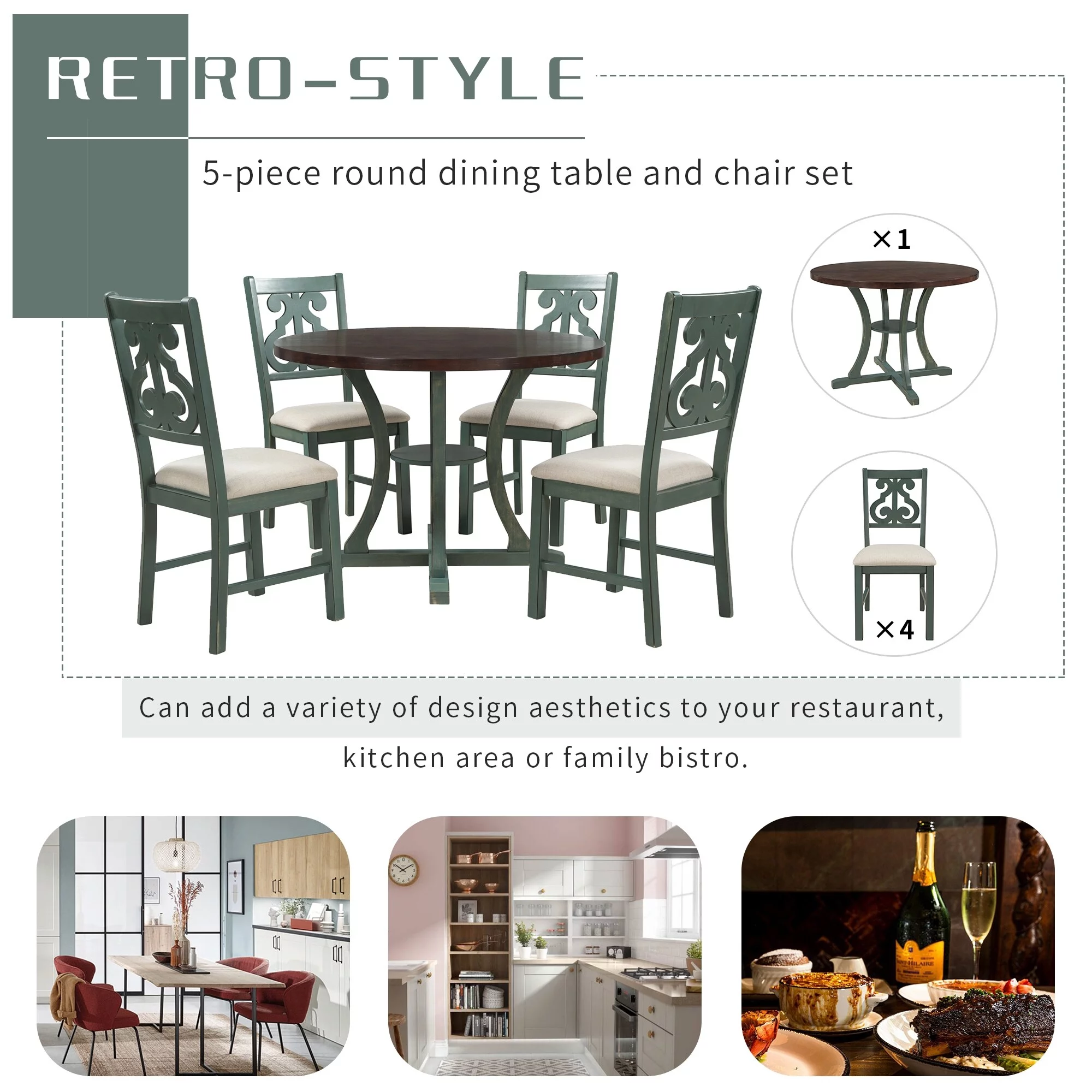 Retro 5-Piece Round Dining Table Set with Exquisite Hollow Chair Back