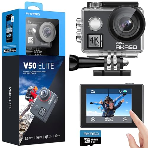 AKASO V50 Elite 4K60fps Action Camera with 128GB MicroSDXC U3 Memory Card Accessories Kit Bundle Voice Control EIS 131 feet Waterproof Camera 8X Zoom Remote Control