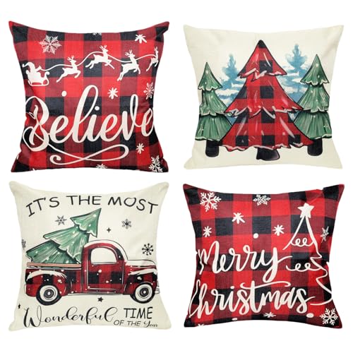 16x16 Inches Christmas Decorations Christmas Pillow Covers Set of 4 Farmhouse Plaid Throw Pillow Cases for Living Room Sofa Bedroom Home Decor