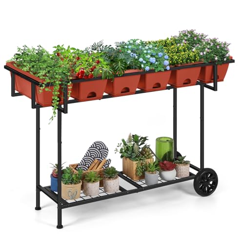 Vrisa Plastic Raised Garden Bed Outdoor with Legs 43x17x29 in Elevated Standing Planter Box with Storage Shelf and Wheels Vegetables Herbs Flowers Gardening Boxes for Backyard, Patio, Balcony, Black