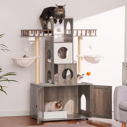 Heybly Cat Tree with Litter Box Enclosure for Indoor Big Cat, Cat Tower for Large Cats 20 lbs Heavy Duty, Modern Cat Condo Furniture with Scratching Posts, Rustic Gray HCT110SG