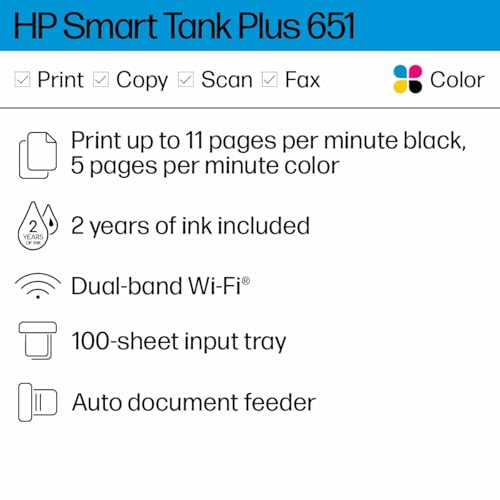 HP Smart -Tank Plus 651 Wireless All-in-One Ink -Tank Printer, up to 2 Years of Ink in Bottles, Auto Document Feeder, Mobile Print, Scan, Copy, Works with Alexa (7XV38A)