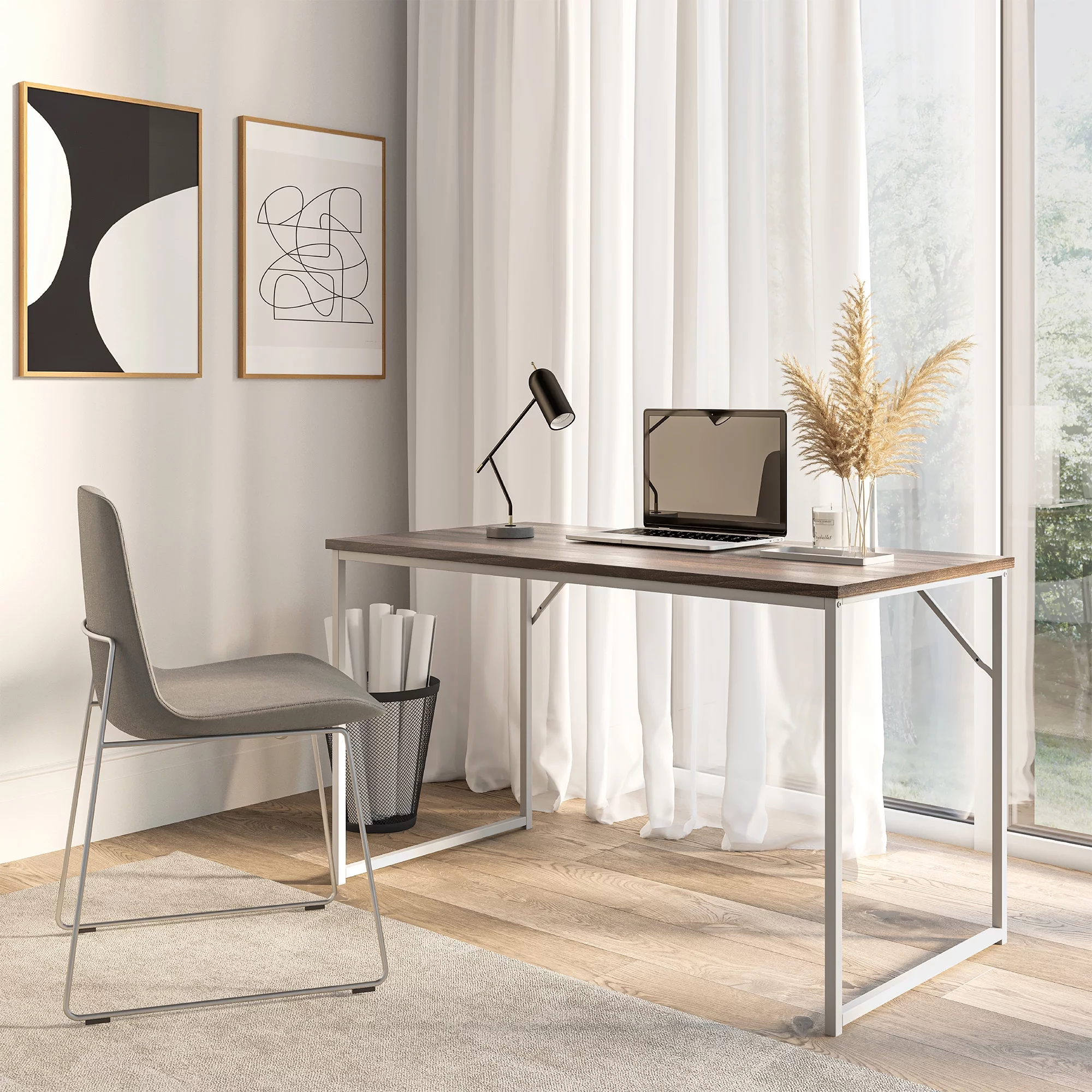 BELLEZE Home Office Computer Desk with White Frame - Barton (Dark Walnut)