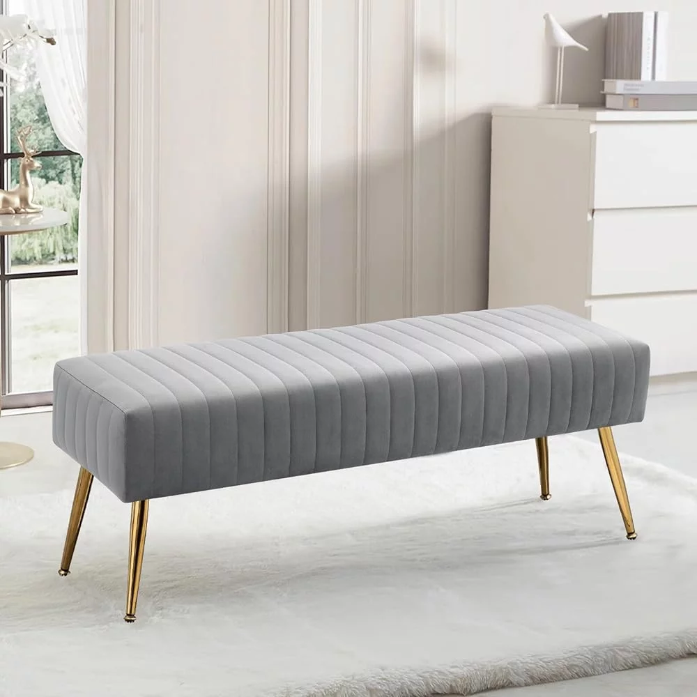 44 Inch Bedroom Bench, Upholstered Tufted Striped Fabric Ottoman Bench With X-Shaped Metal Legs For Living Room, Solid Wood Indoor Bench For Foyer (Grey)