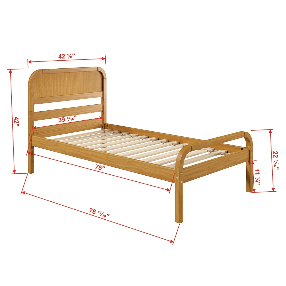 P’kolino Curva Rattan Kids Twin Bed Frame with Headboard- FSC Certified Solid Pine Wood- Natural