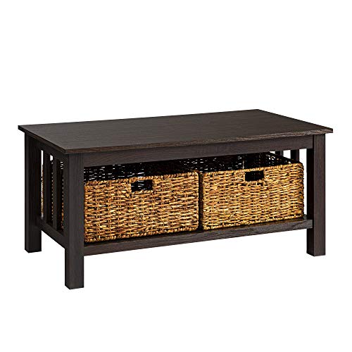 Walker Edison Coastal Black Living Room Coffee Table with Lower Shelf and Faux Rattan Wicker Baskets, 40 Inch
