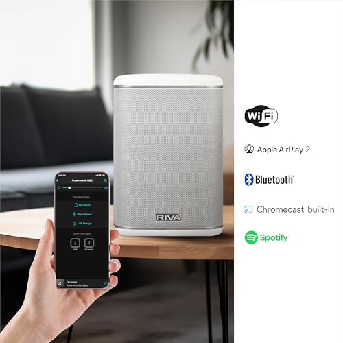 RIVA Upgraded Arena Wi-Fi Bluetooth Hi-Fi Speaker, 6 Drivers, 50W, Multiroom Music System, Supports Airplay 2, Chromecast, Spotify, Tidal and More Streaming (Black)
