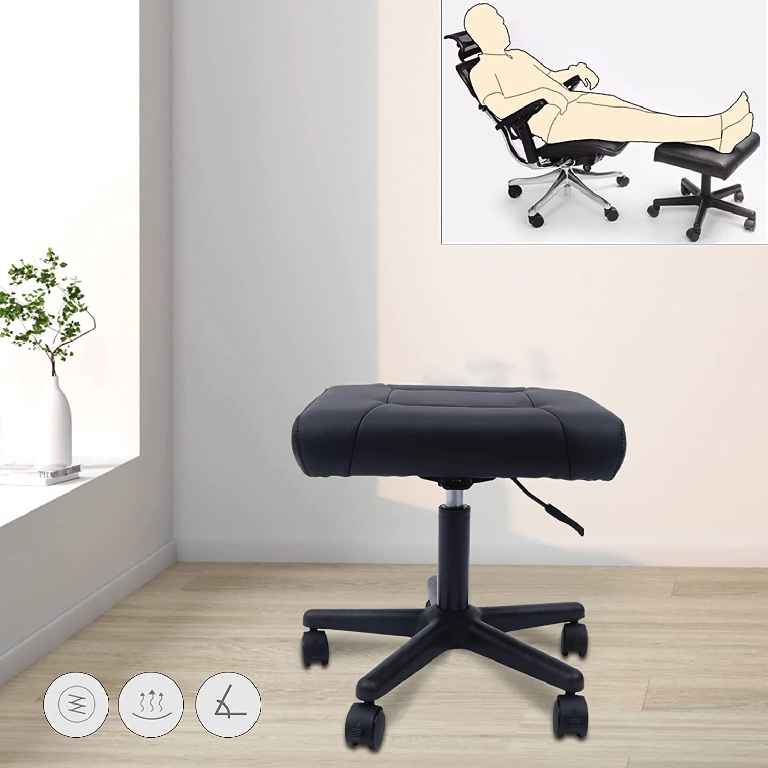 Miumaeov Height Adjustable with Wheels Leather Foot Stool for Office Home Desk Counter