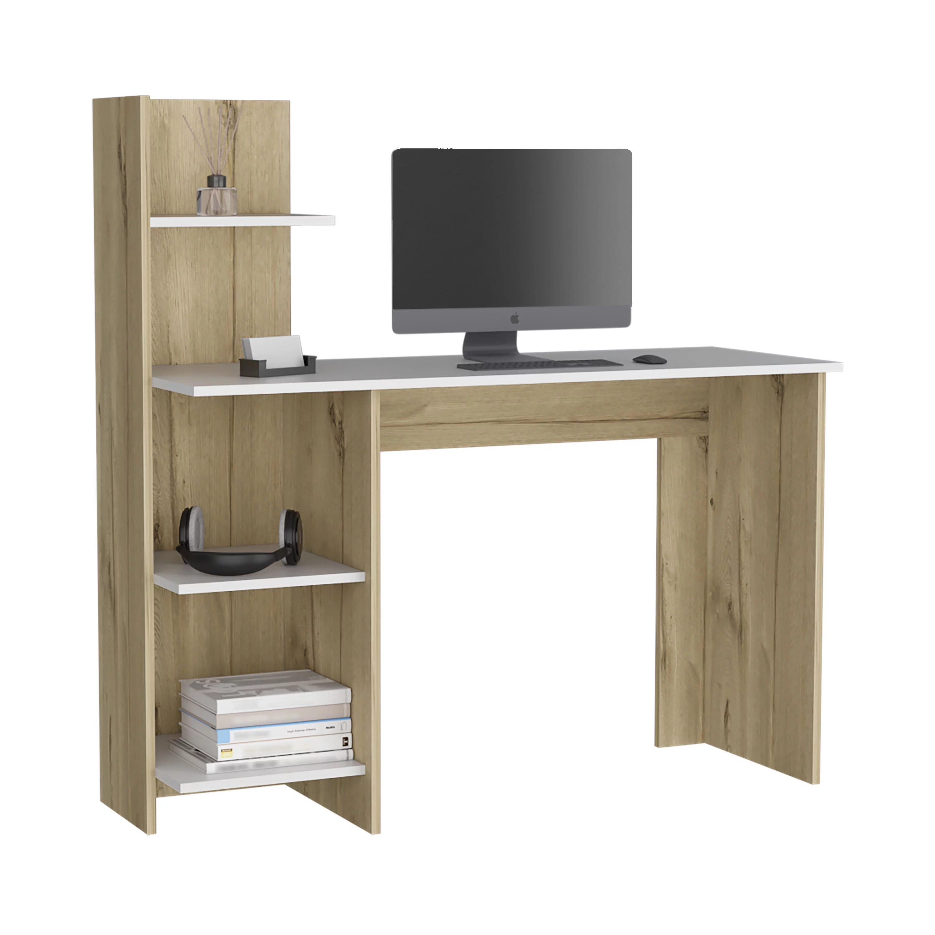 CoSoTower Desk Wichita, Four Shelves, Light Oak / White Finish