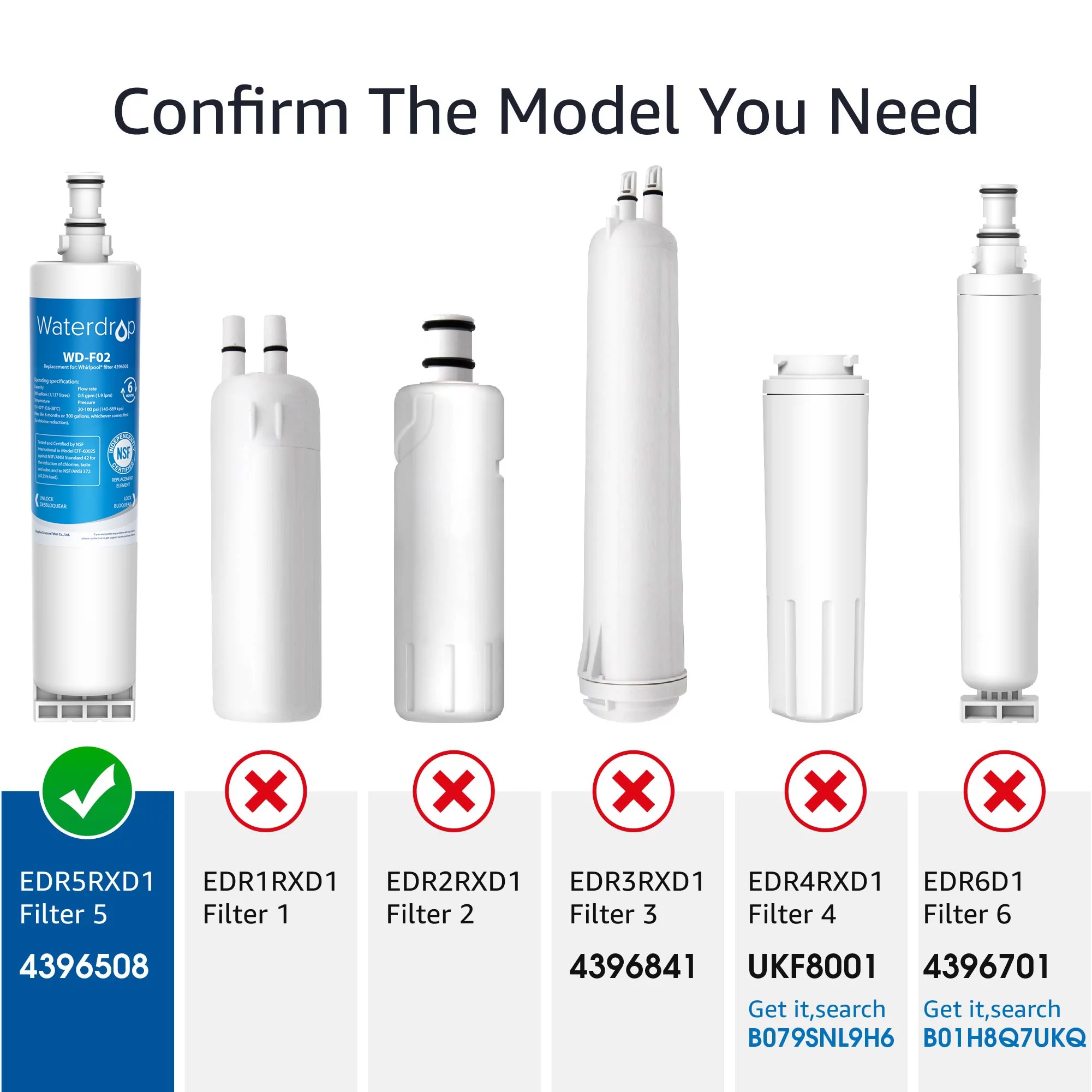 Waterdrop 4396508 Refrigerator Water Filter, Replacement for Whirlpool 4396508, 4396510, 4392857, Kenmore 46-9010, NLC240V, EveryDrop Filter 5, EDR5RXD1, 3 Filters