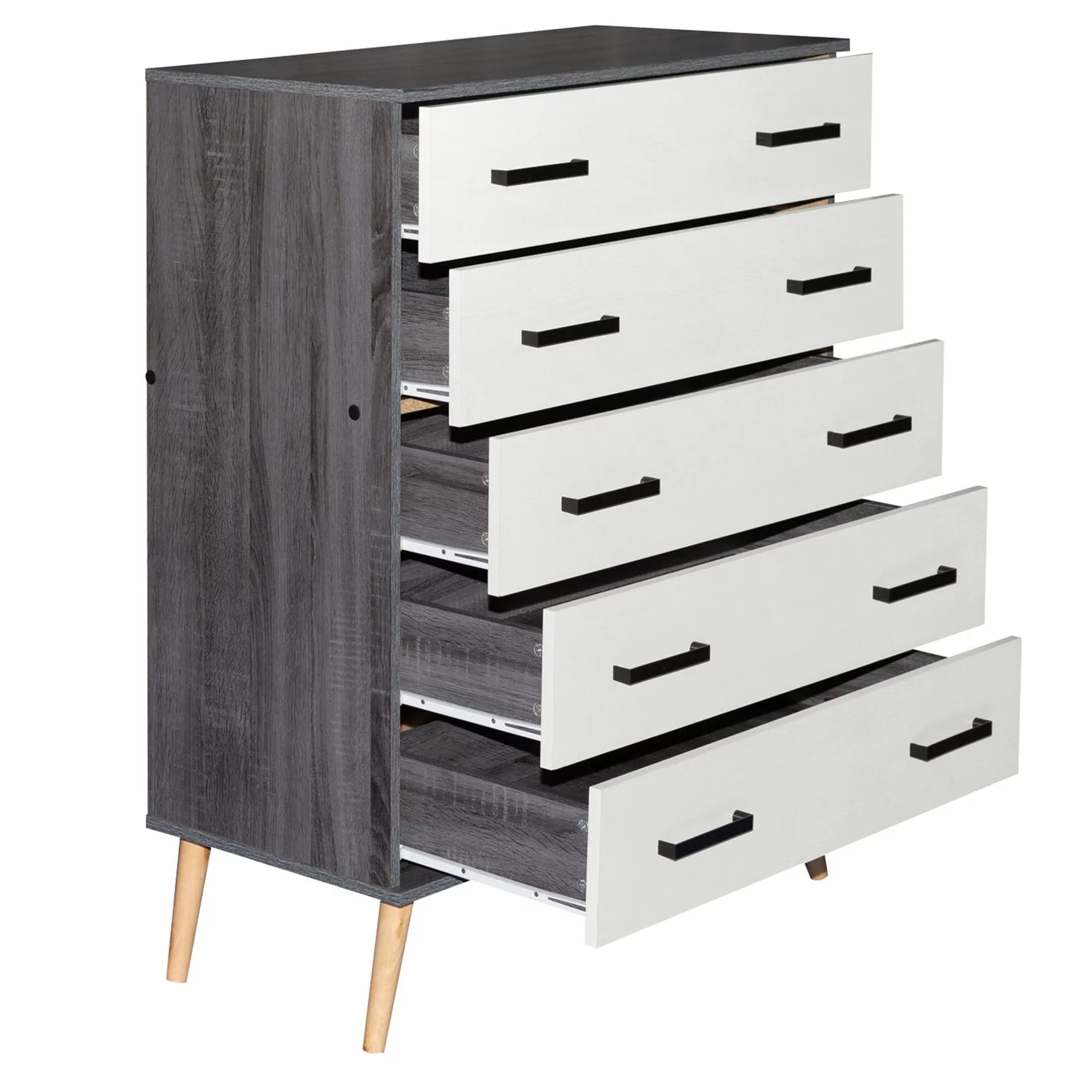 Better Home Products Chest Five Drawer with Pine Legs in Gray and Silver Oak Finish.