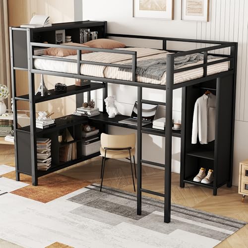 Bellamave Metal Loft Bed with Wardrobe and L-Shaped Desk, Full Size Loft Bed with Storage Cubes and Shelves, Heavy Duty LoftBed for Kids Teens Adults, Black