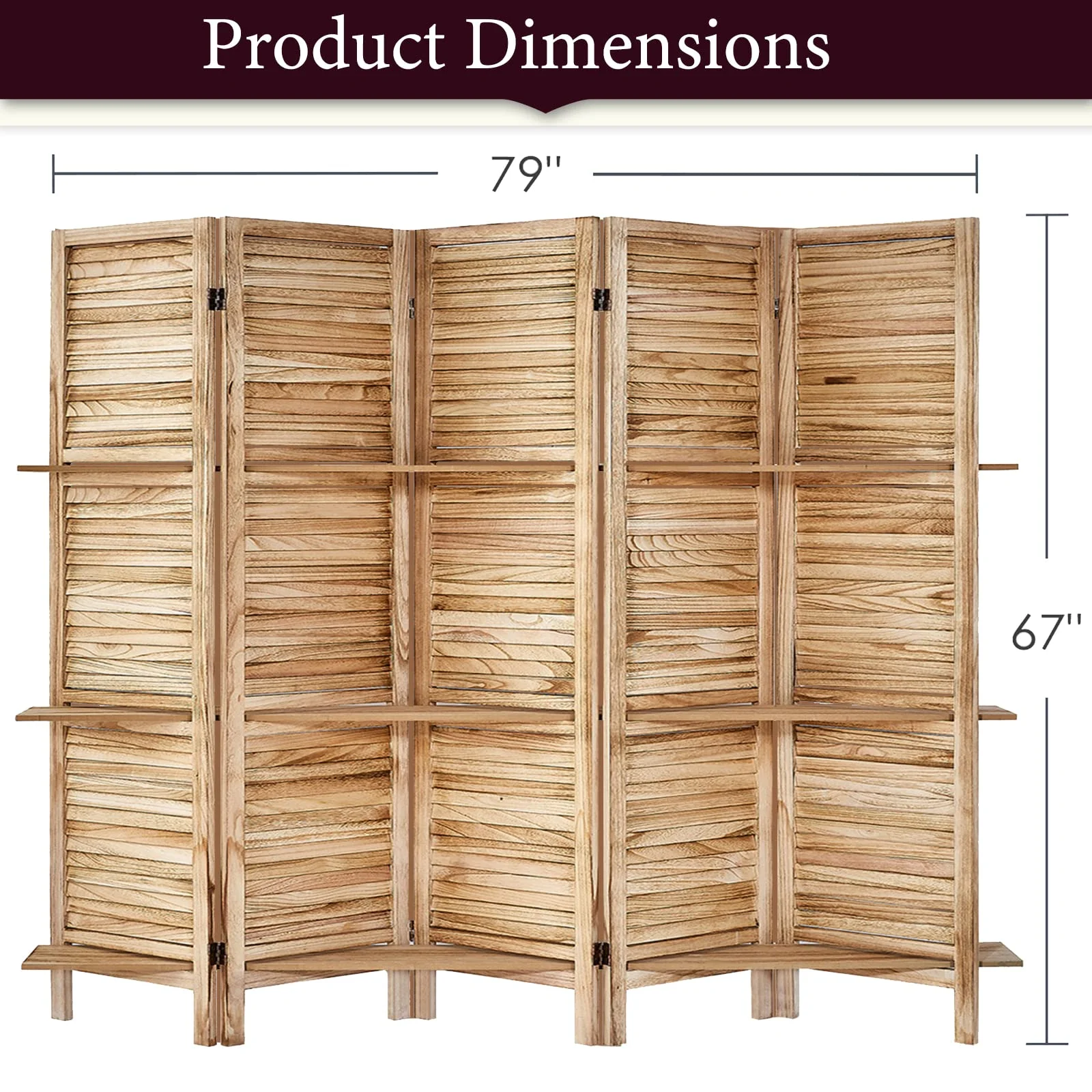 5 Panel 5.6 Ft Tall Partition Wood Room Divider, Wood Folding Room Divider Screens, Panel Divider&Room Dividers, Room Dividers and Folding Privacy Screens with Shelves(5 Panel,Natural)