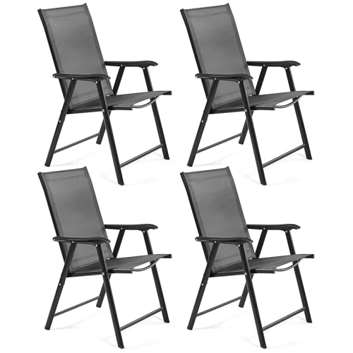 Yaheetech Patio Dining Chairs Set of 4 with Armrests, Outdoor Folding Chairs with Metal Frame and Backrest for Lawn, Garden, Yard and Poolside, Black