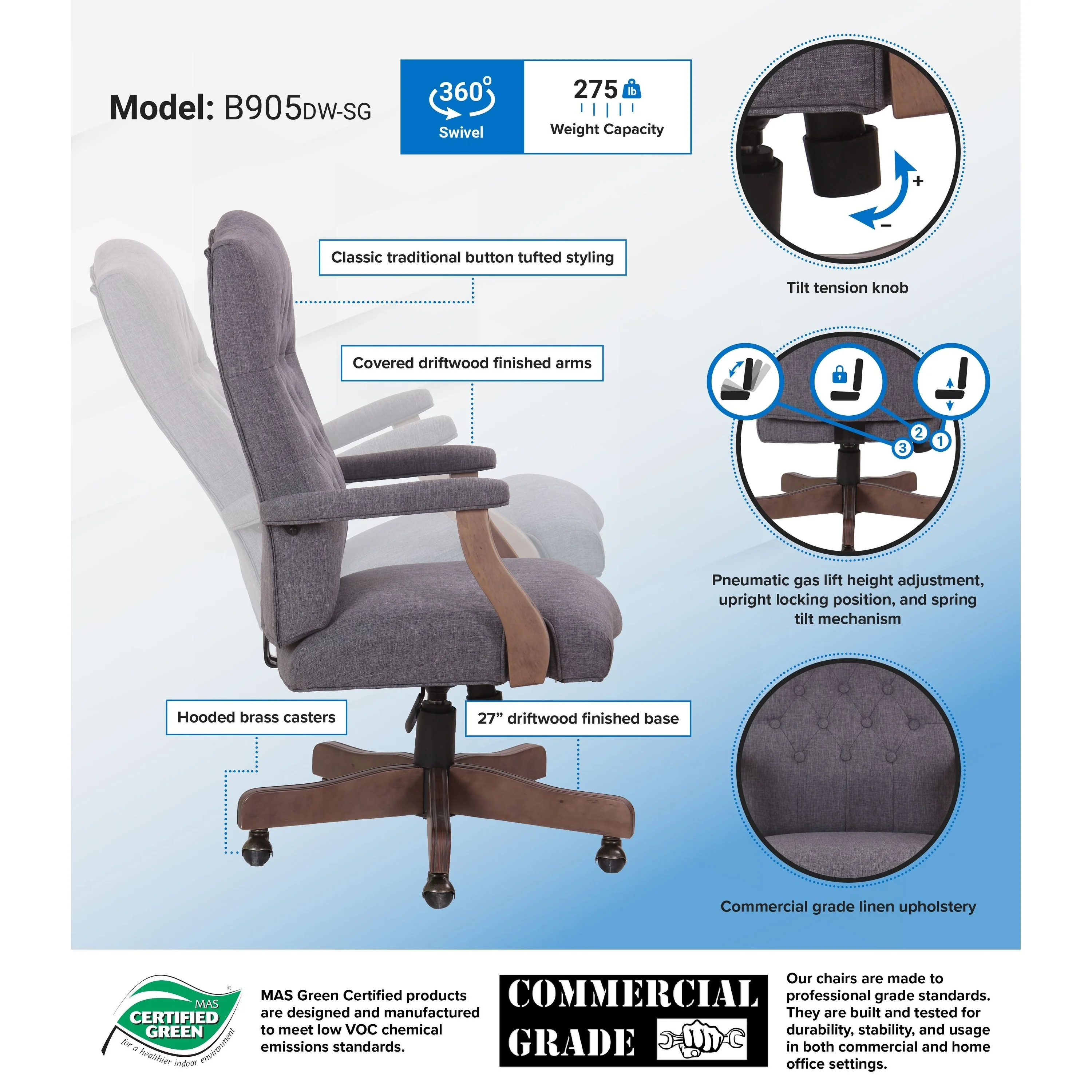 Boss Gracewood Hollow Bogdani Grey Driftwood High-Back Executive Swivel Chair