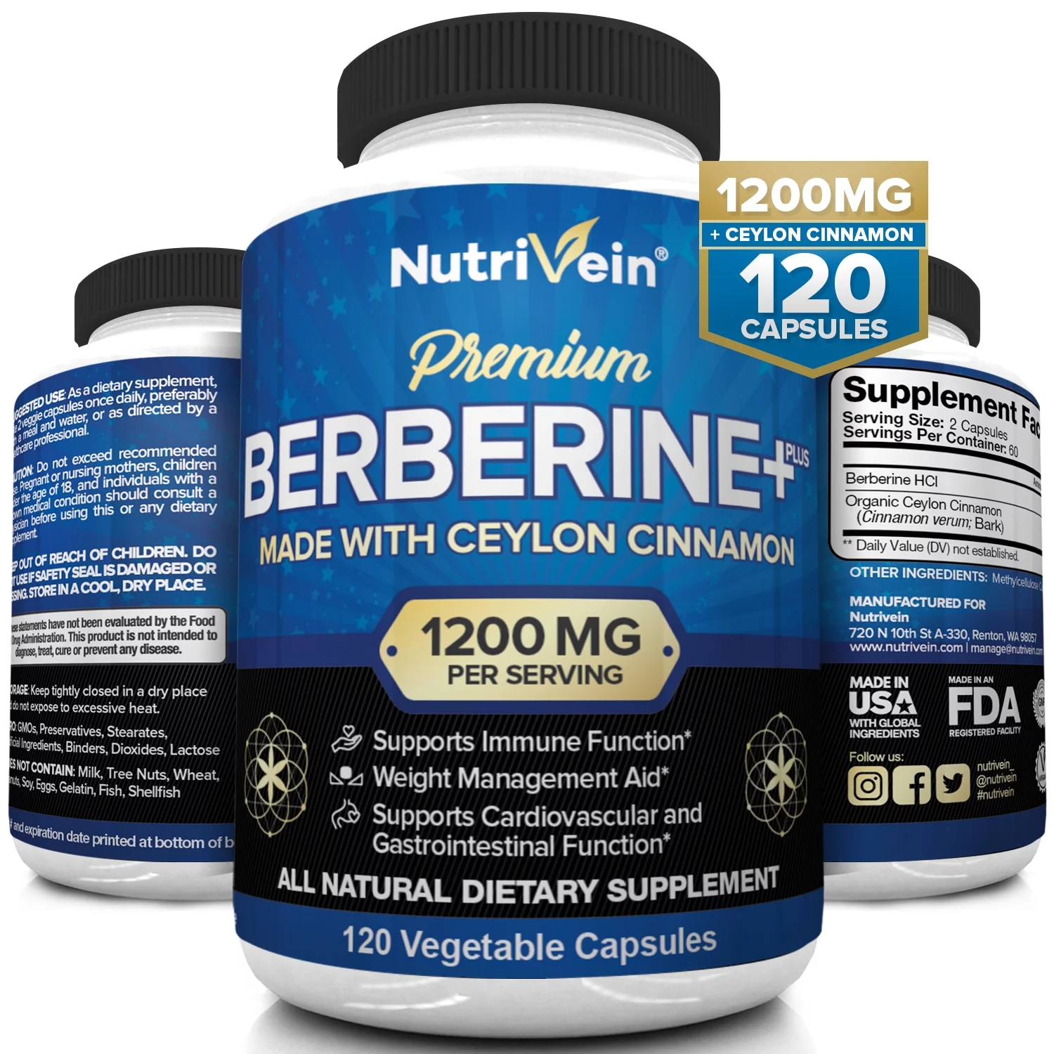 Nutrivein Premium Berberine HCL 1200mg Plus Organic Ceylon Cinnamon - 120 Capsules
