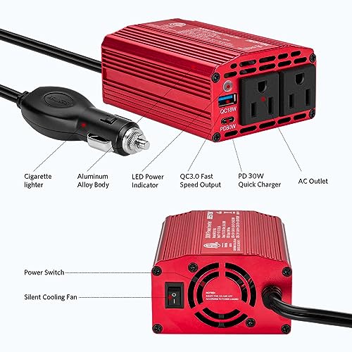 BESTEK 300W Power Inverter - DC 12V to 110V AC Converter, Fast Car Charger Adapter with 30W USB-C/18W Quick Charge/Dual 110V AC Car Plug Outlet for Laptop