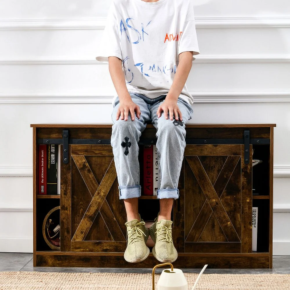 Decorative Wooden TV Stand with Storage Cabinet & 2 Sliding Barn Doors (Rustic Brown)