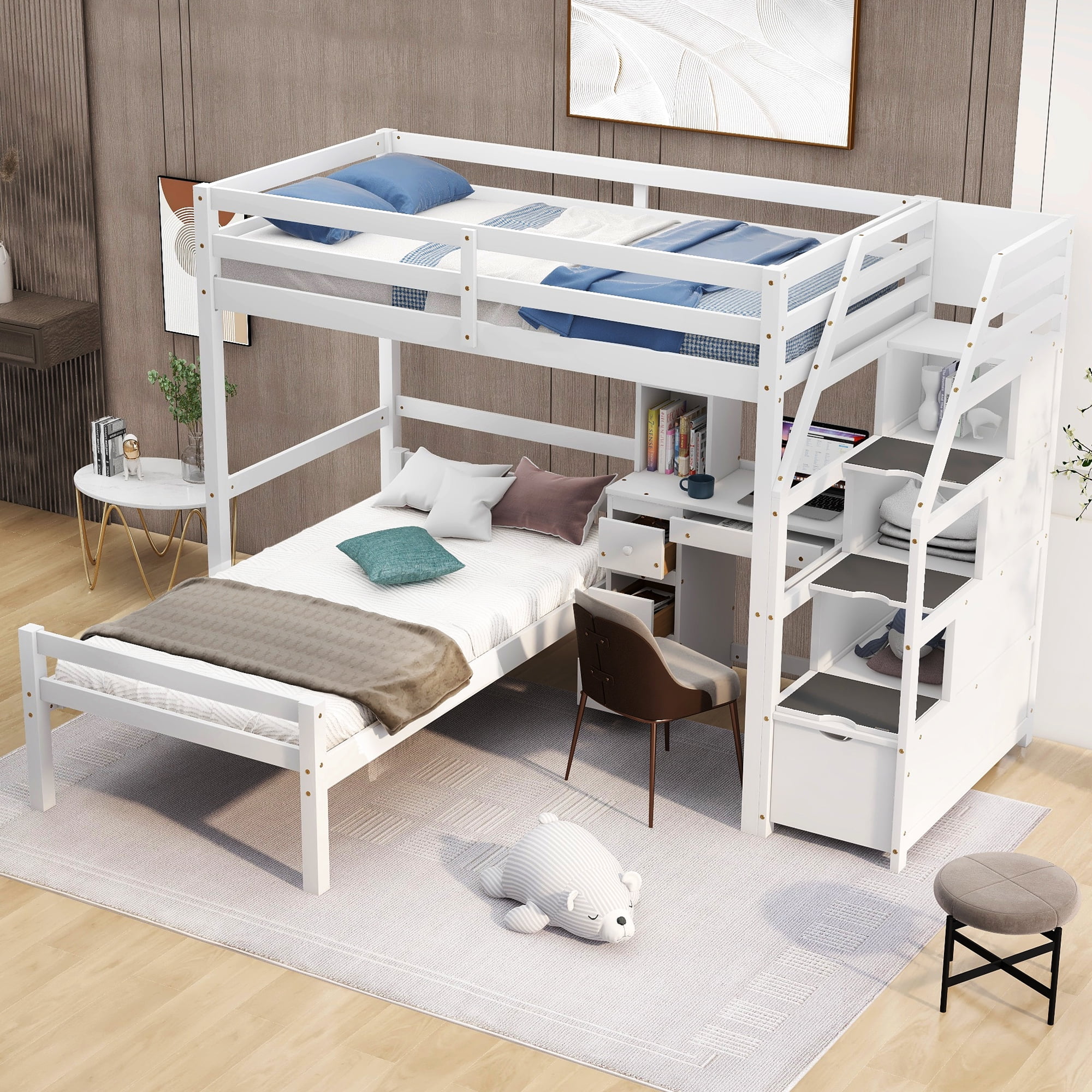 Euroco Wood Twin Bunk Loft Bed with Desk, Drawers and Shelf for Kids, White