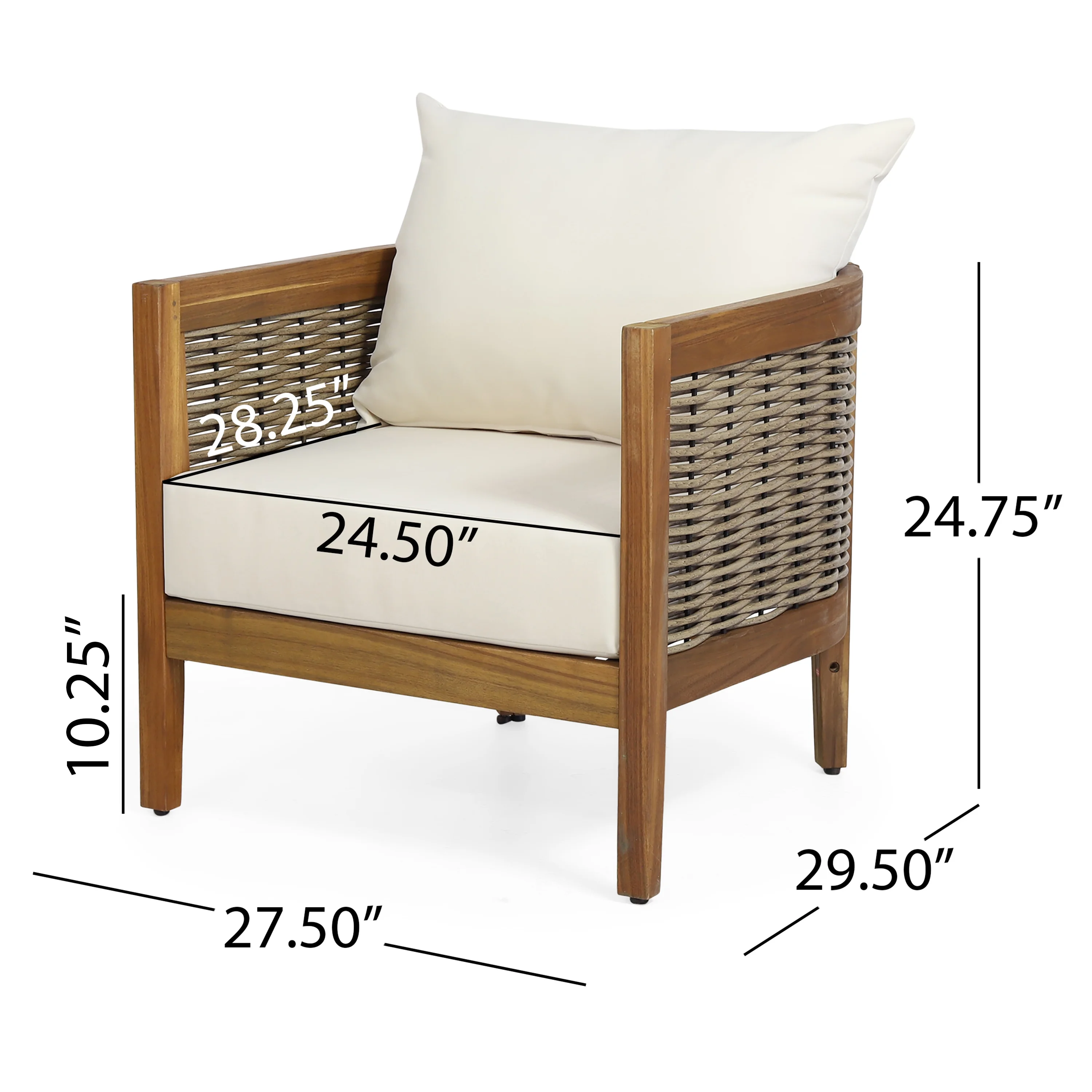 GDF Studio The Crowne Collection Outdoor Acacia Wood and Wicker Club Chair with Cushions, Teak, Mixed Brown, and Beige