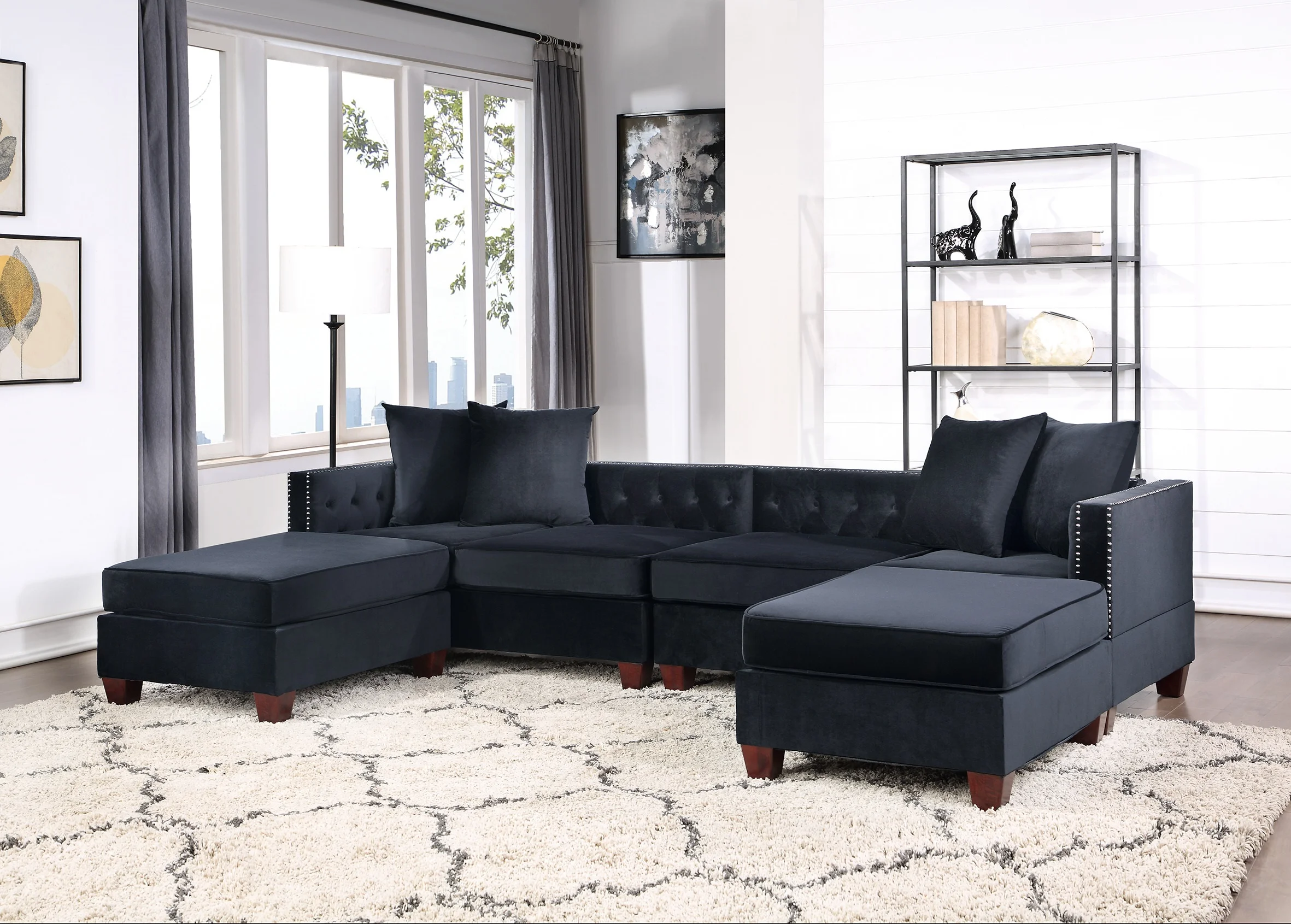 Black Velvet Fabric U-Sectional 4pc Set Reversible L/R Chaise / Loveseats Ottoman Tufted Cushion Couch Pillows Living Room