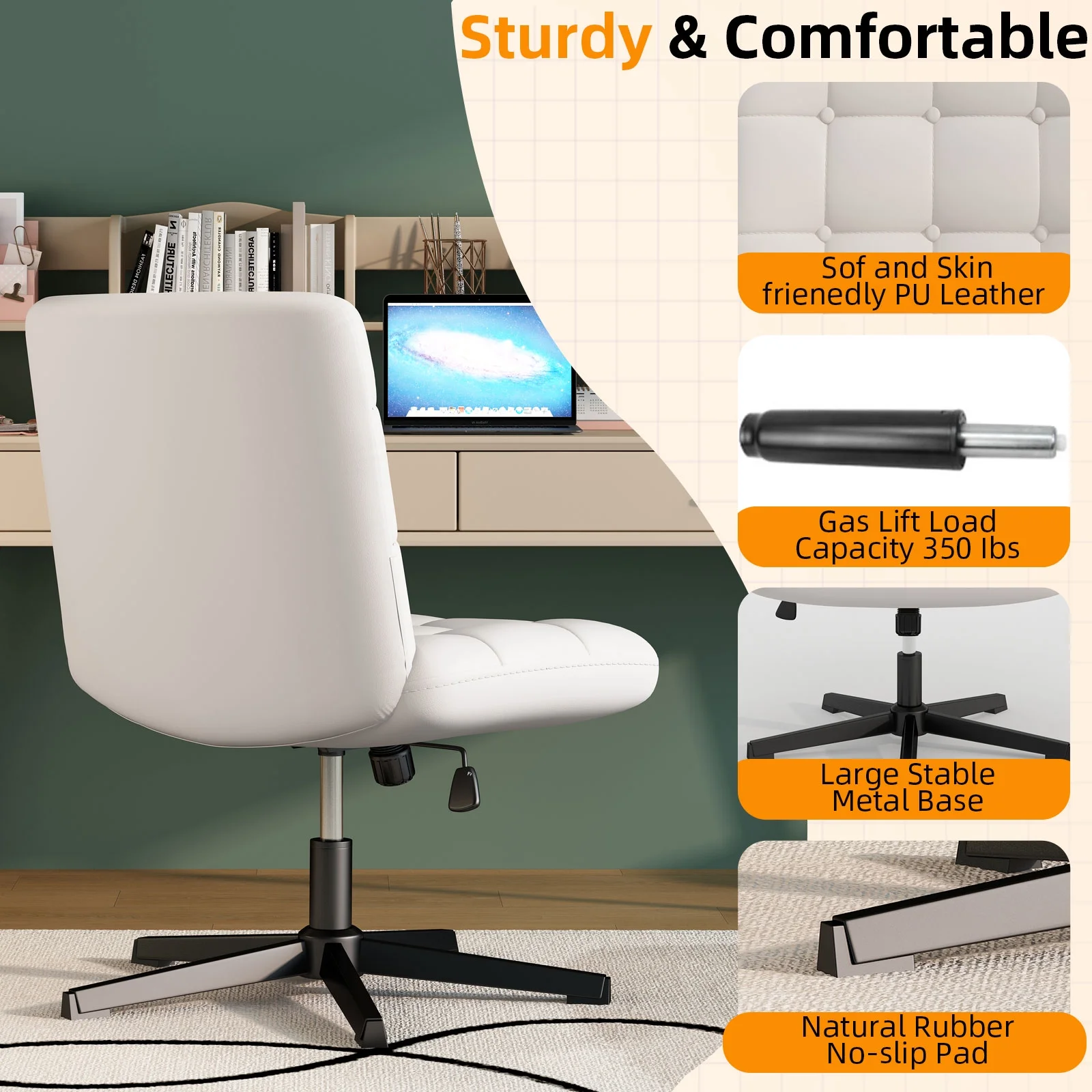 SeekFancy Criss Cross Legged Office Chair, Pu Leather Armless Desk Chair No Wheels, Wide Seat Home Office Task Chair Mid Back Vanity Chair, White