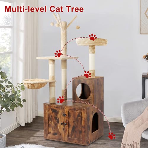 Cat Tree Tower with Litter Box Enclosure, 2-in-1 Wooden Cat Condo with Sisal Scratching Post, Hammock, Brown