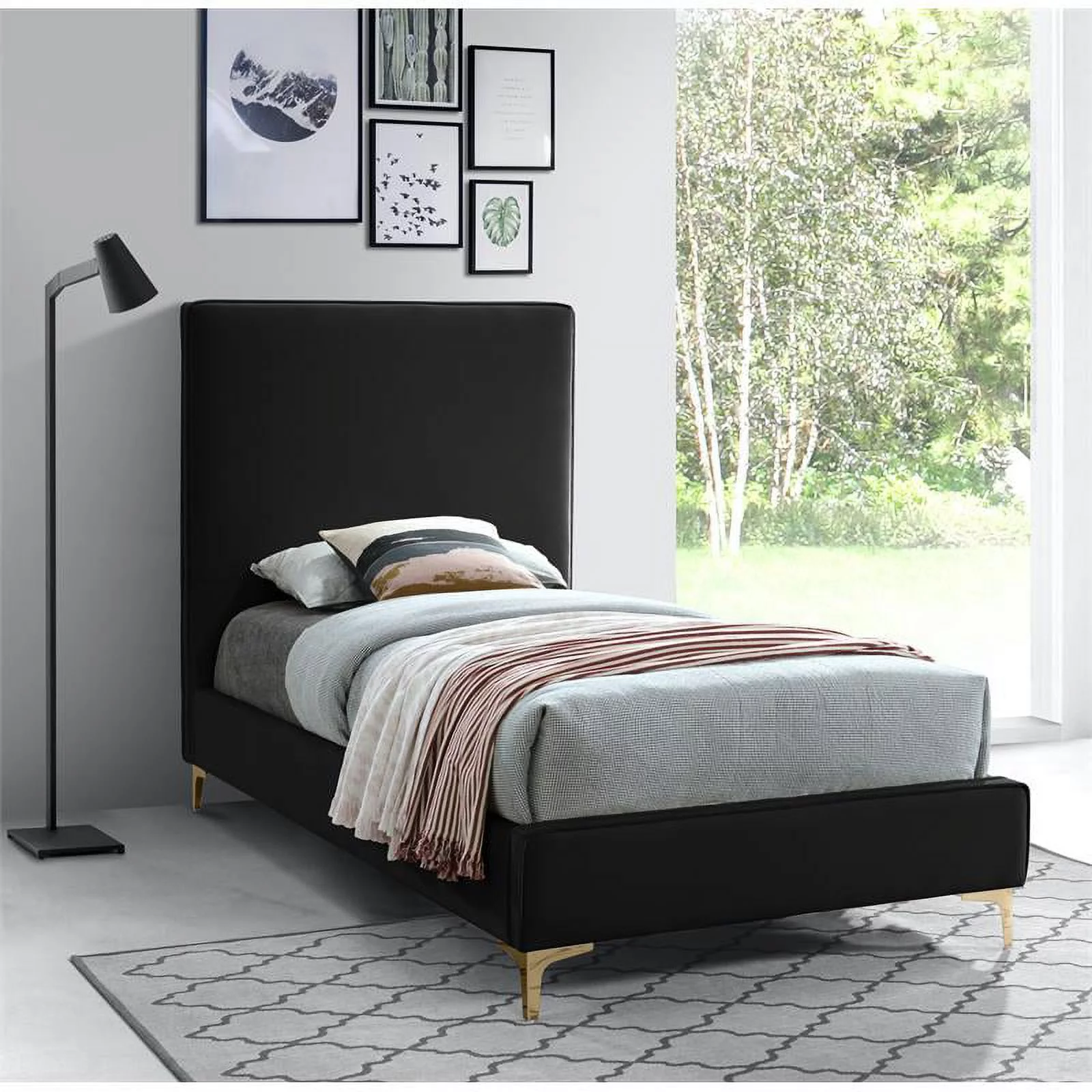 Meridian Furniture Geri Black Velvet Twin Bed with Gold and Chrome Legs Included