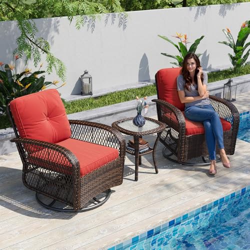 Aoxun 3 Pieces Patio Furniture Set, Patio Swivel Rocker Chairs Set of 2, Wicker Outdoor Bistro Set with Rocking Chair, Thickened Cushions and Table for Porch (Blue)