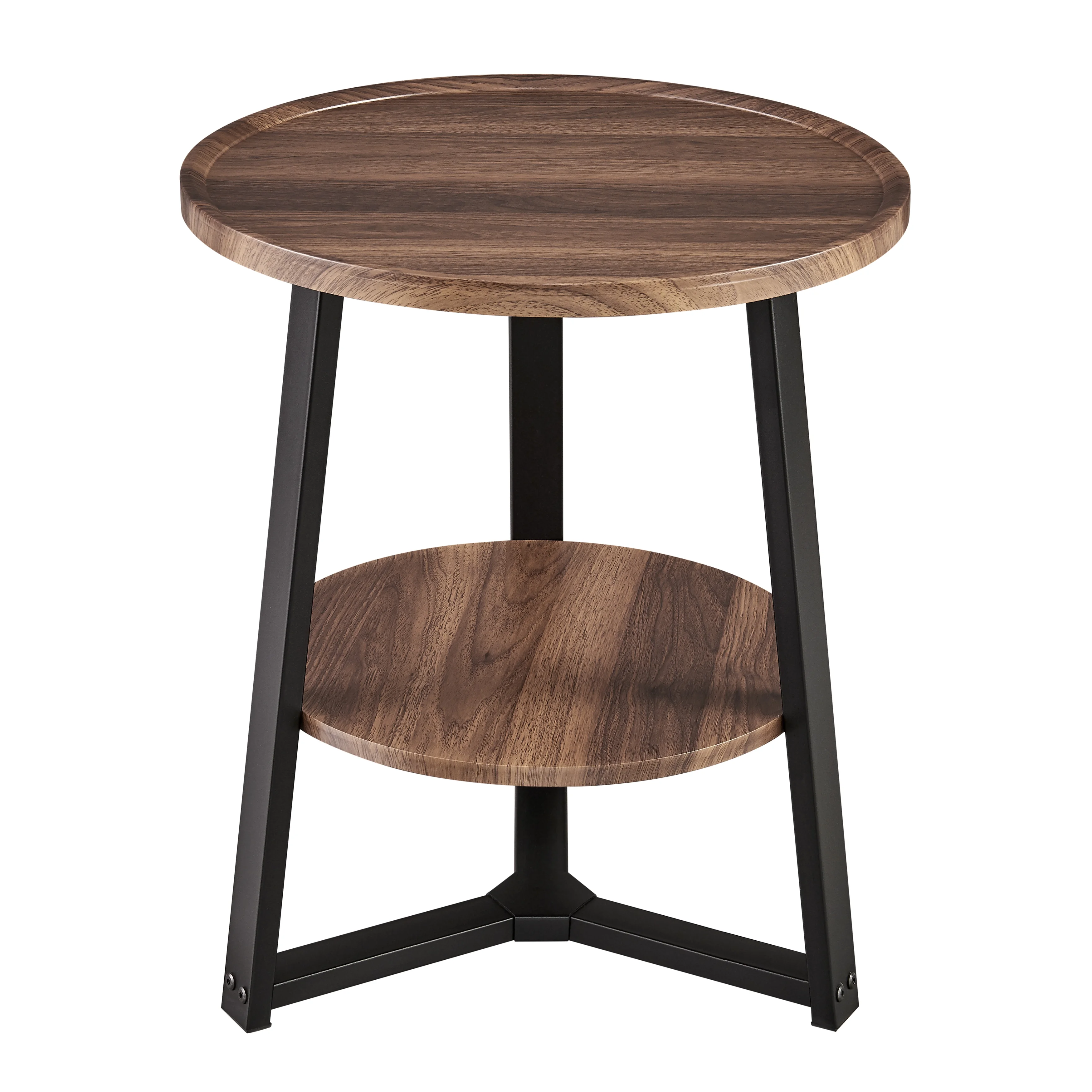 Mason Round 2-Tier Side Accent Table with Raised Lip Edge Tabletop and Mid-century Modern Crossed Metal Bold Pedestal Legs - Walnut/Black