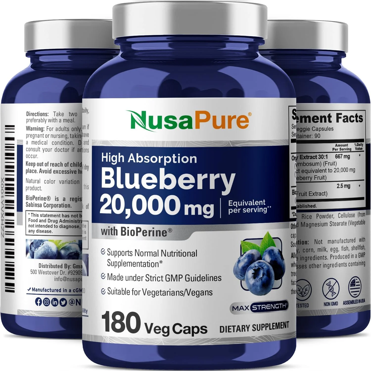 NusaPure Blueberry Concentrate 20,000mg - 180 Veggie Powder caps (Extract 30:1, 100% Vegetarian, Non-GMO & Gluten Free)