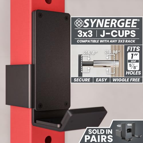 Synergee J-Hooks for Power and Squat Racks. J-Cups Available in 2x2, 2x3 and 3x3. J-Hooks for Power Lifting, Squats and Presses. Sold in Pairs.