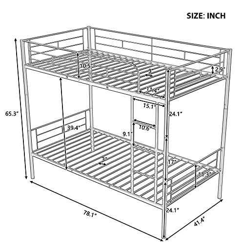 Merax Twin Over Twin Metal Bunk Bed with Ladder and high Guardrail, Able to Split, Storage Space, No Box Spring Needed, Noise Free,Silver