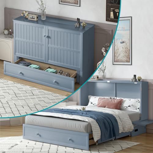 BALUS Queen Murphy Bed Cabinet, Murphy Beds with USB Charging Station, Foldable Mattress, Convertible Cabinet Chest Bed with Folding Night Stand Trays and Storage Drawer/Easy Assembly- Cherry