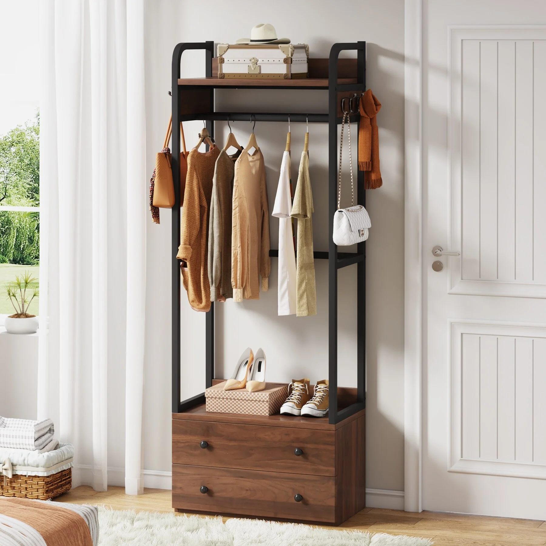Lee Freestanding Closet Organizer Small Clothes Rack Coat Rack with Drawers and Shelves
