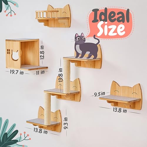 IDAE Cat Wall Shelves – 9-Piece Wooden Wall-Mounted Cat Furniture Set with Condo, Scratcher & Steps – for Large Indoor Cats – Natural Wood