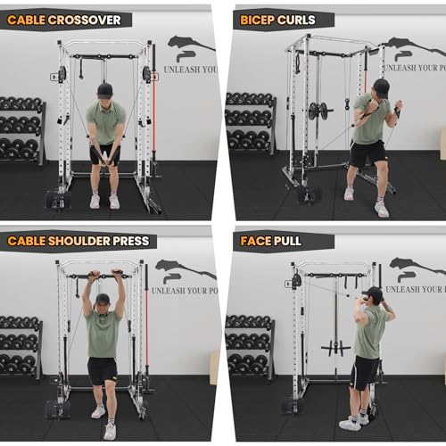 GaveeLife Power Cage, 2000 LBS Power Rack with Cable Cross-Over System, Multi-Functional Strength Training Squat Rack with LAT Pull Down System, Home Gym Equipment with Training Attachment