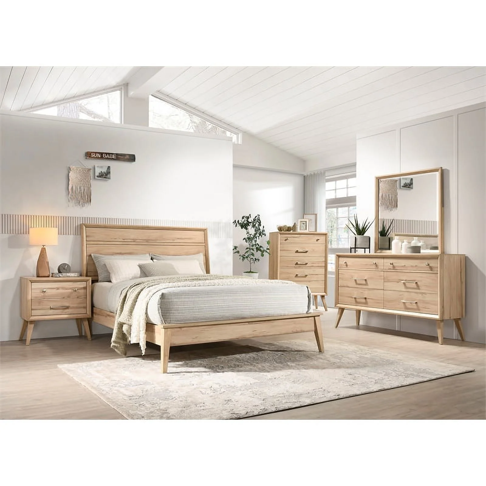 Pemberly Row Contemporary Wood Eastern King Panel Bed in Natural Oak