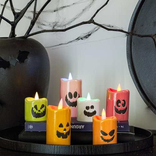 WDS WONDROUS Halloween Decor Flameless Candles Set of 6 – Color Changing Ceramic Battery Operated LED Tealight Candles Flickering Ghost Face for Home Decoration, Table, Indoor – Batteries Included