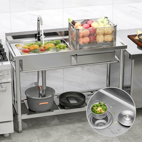 Stainless Steel Utility Sink, 47.2'' Free Standing Single Bowl Kitchen Sink with Right Drawer, Cold and Hot Water Pipe, Indoor and Outdoor for Laundry Room Farmhouse Kitchen(47.2 inch)